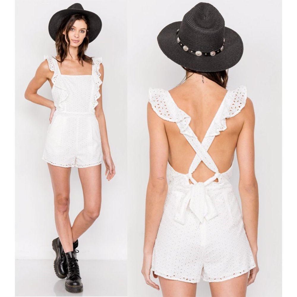 White Eyelet 100% Cotton Open Back Ruffle Romper - Picture 3 of 8